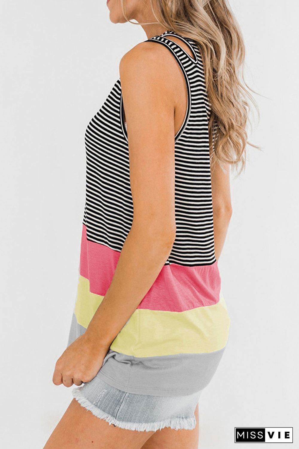 Stripe Contrast Color Hole Sleeveless Tank Top Wholesale