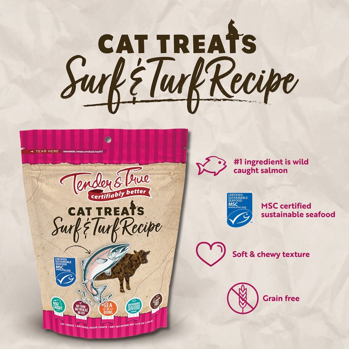 Tender and True Surf and Turf Grain-Free Cat Treats， 3.75-oz bag