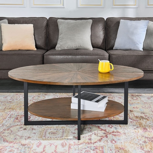 Solid Wood Oval Coffee Table with Cross Metal Legs