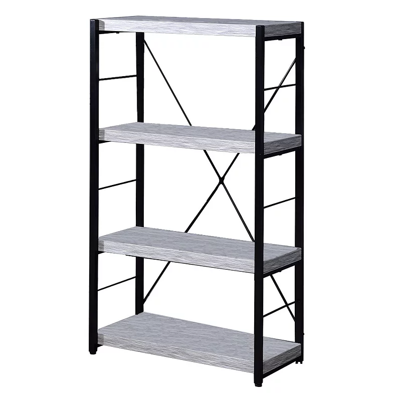 Industrial Bookshelf with 4 Shelves and Open Metal Frame， White and Black