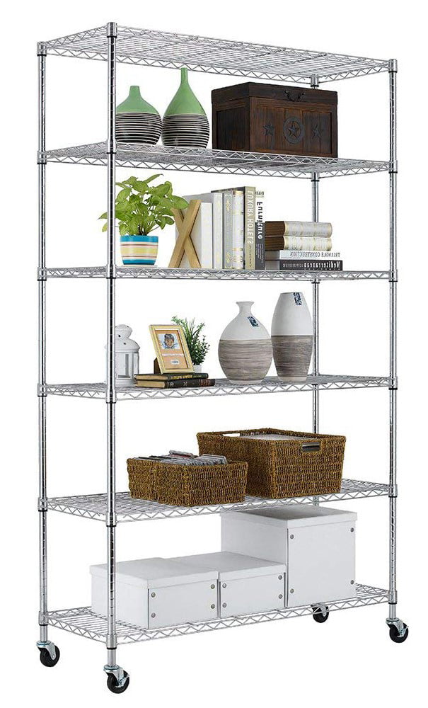 6-Tier Wire Shelving Unit Heavy Duty Height Adjustable NSF Certification Utility Rolling Steel Commercial Grade with Wheels for Kitchen Bathroom Office 2100LBS Capacity-18x48x82, Chrome