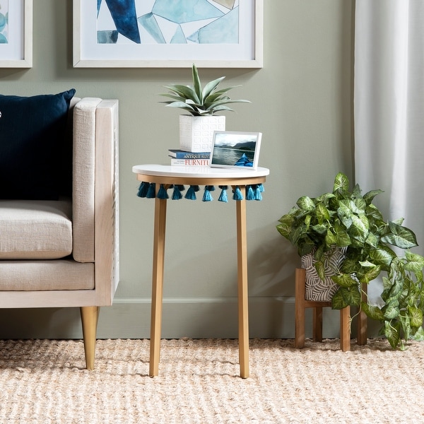 Saffron Marble Table w/Blue Tassels - 16 x 16 x 24