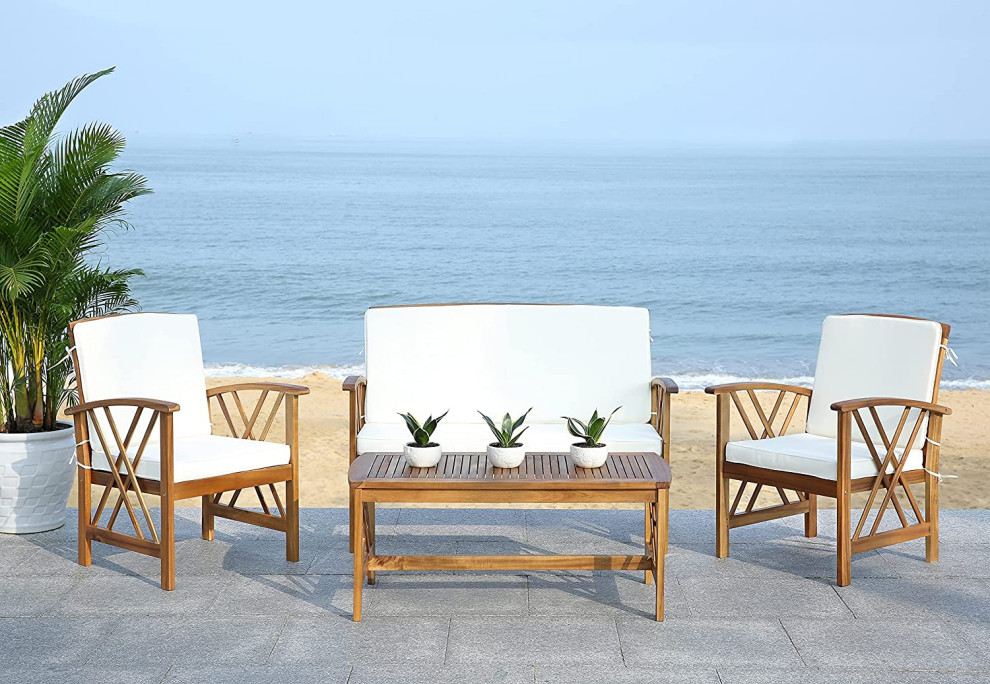 4 Pieces Patio Conversational Set  Coffee Table and Padded Chairs   Transitional   Outdoor Lounge Sets   by Declusia  Houzz