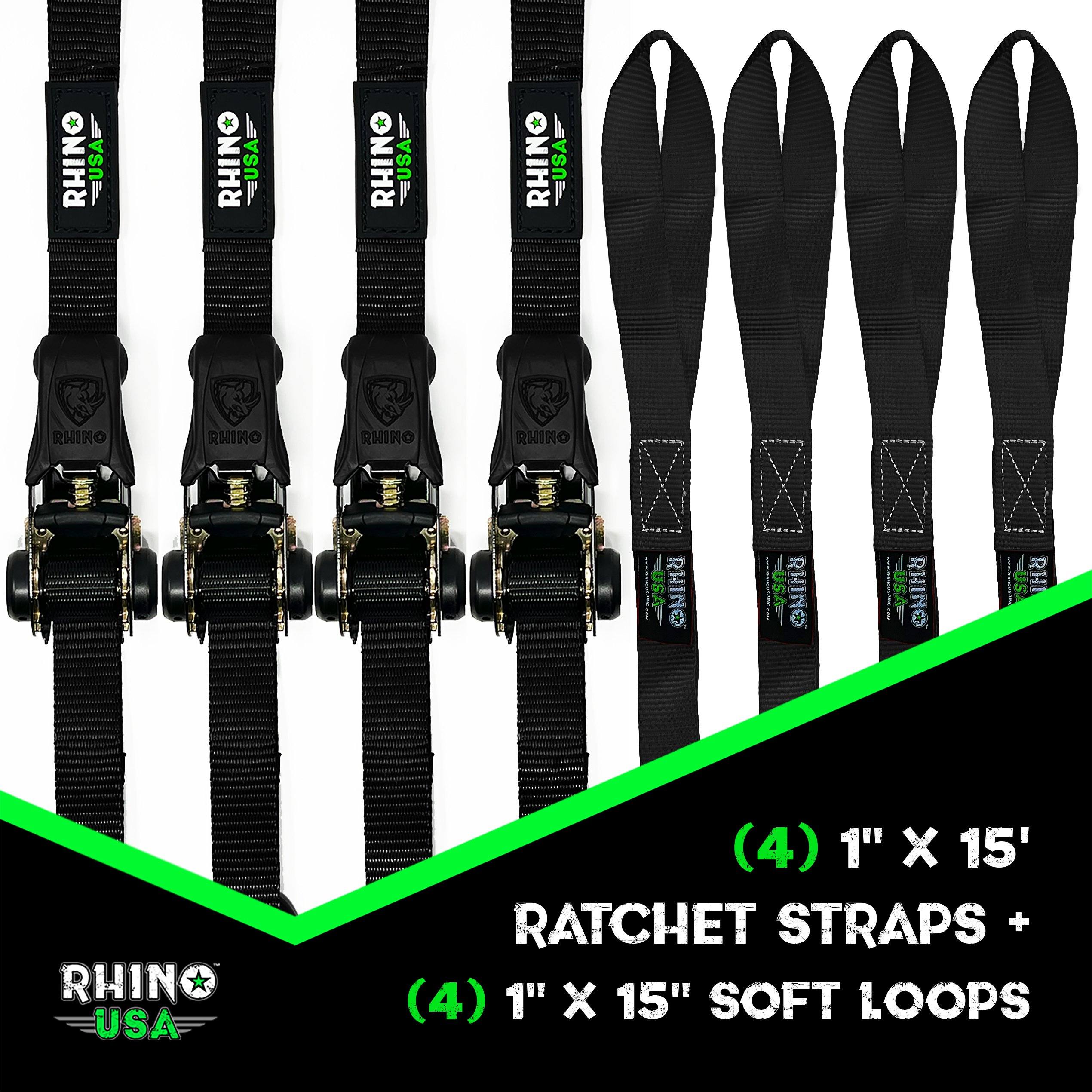 Rhino USA 1" x 15' Ratchet Tie-Down Set (4-Pack), Green