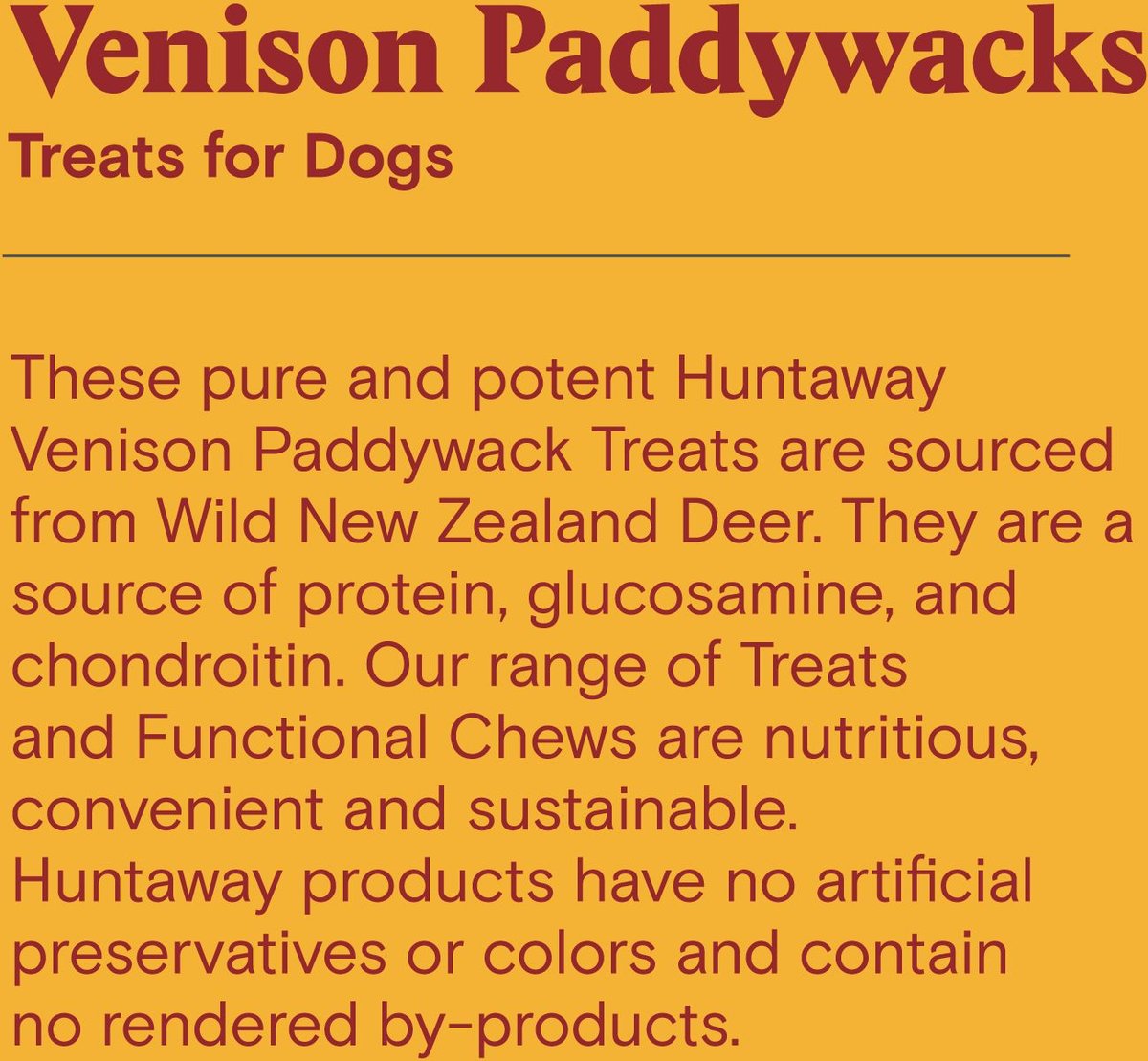 Huntaway Venison Paddywacks Dog Treats， 3-oz bag