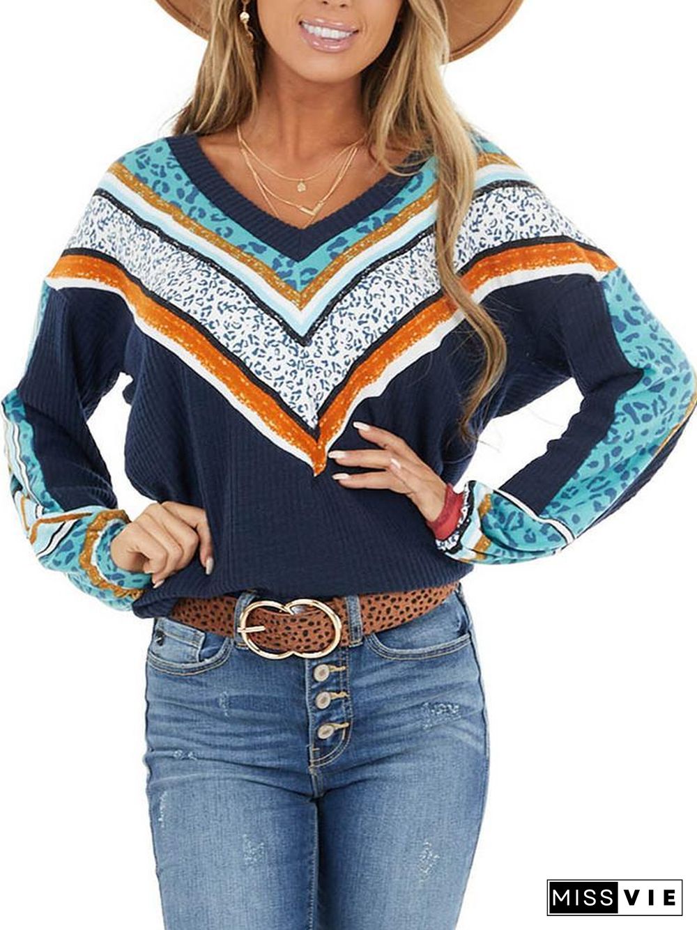 V-Neck Chevron Detail Long Sleeve T-Shirt