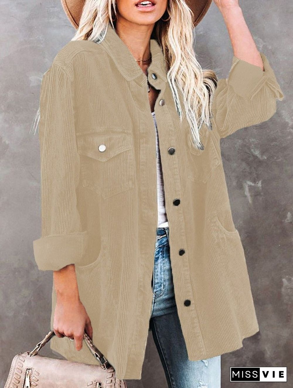 Casual Button And Pocket Corduroy Jacket Women