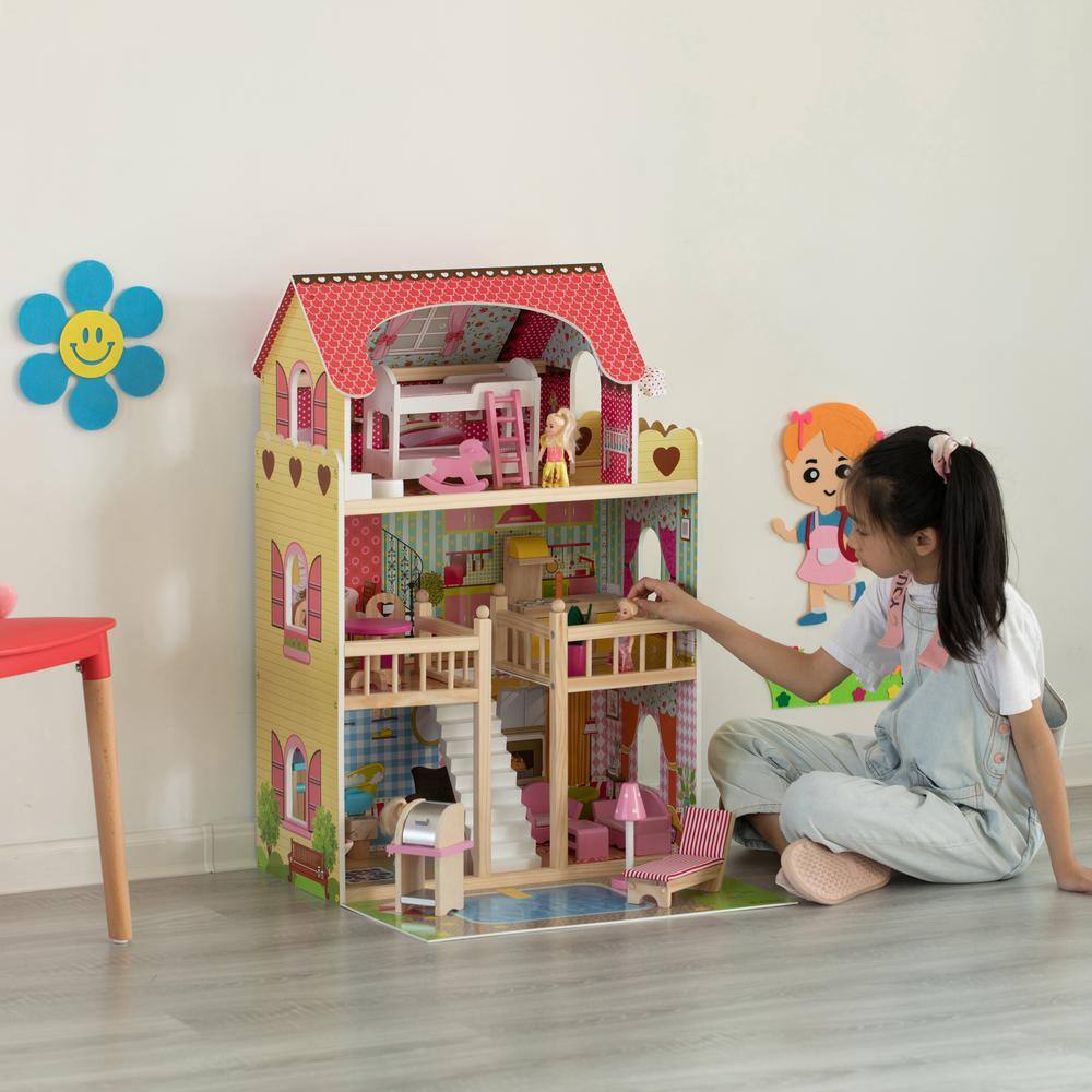 Gardenised QI004210 Wooden Doll House with Toys and Furniture Accessories with LED Light for Ages 3 plus