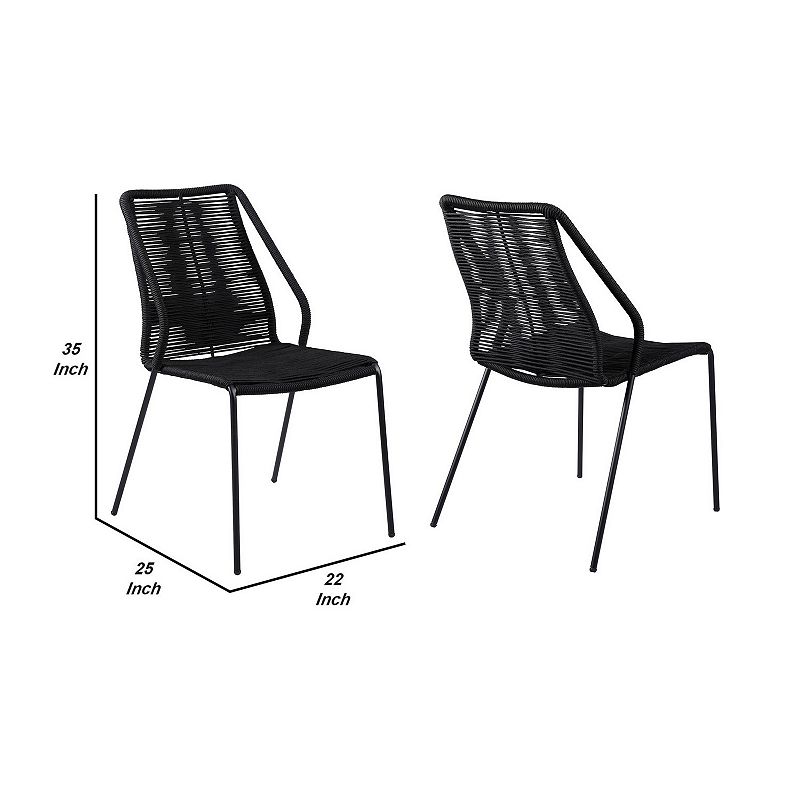 Indoor Outdoor Dining Chair with Fishbone Woven Seating， Set of 2， Black