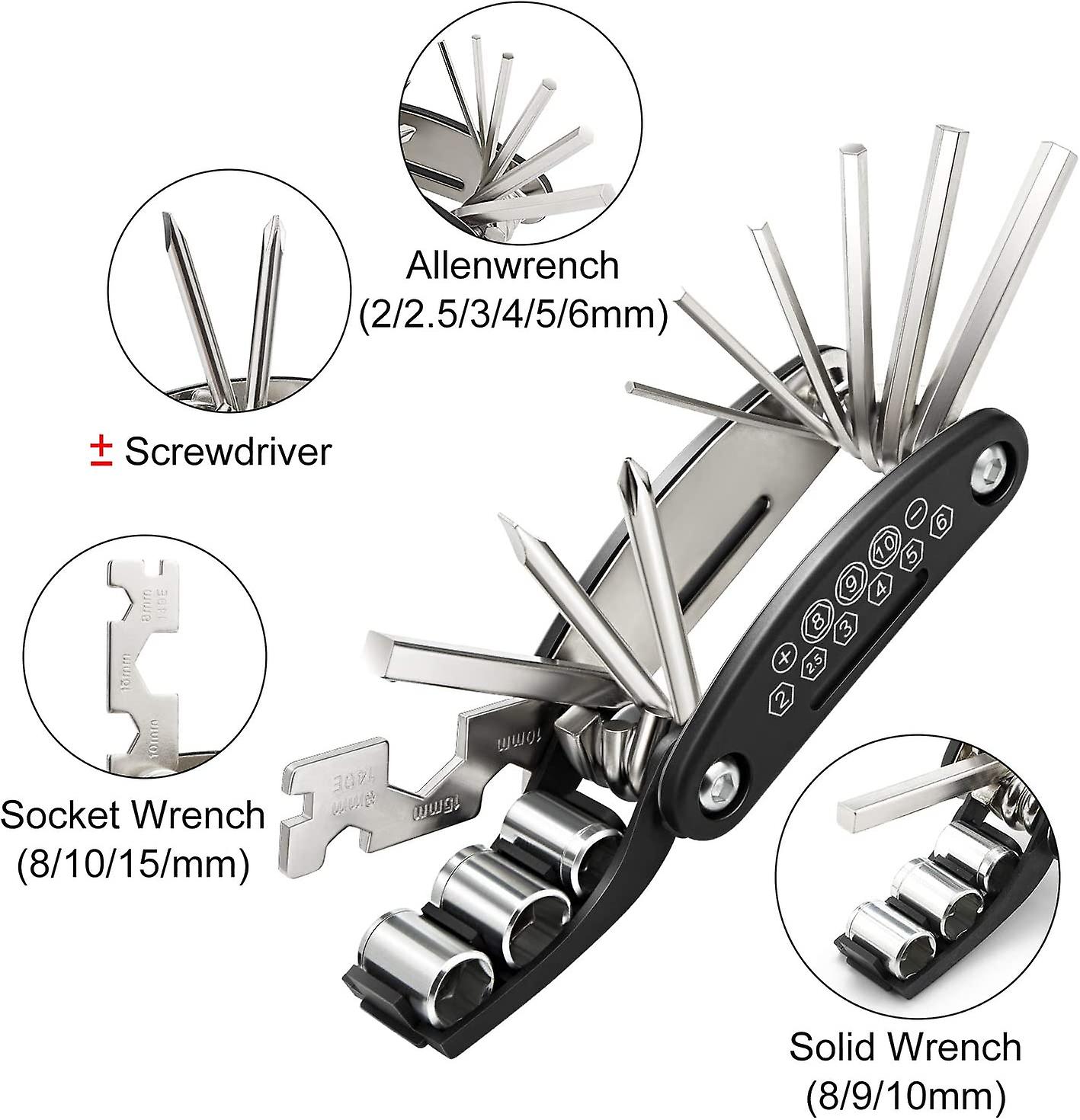 16-in-1 Multifunctional Bike Repair Tool， Portable Folding Bike Multi Tool Kit， High Quality Stainless Steel Bike Repair Kit And Maintenance Kit Black