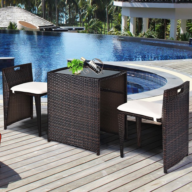 Costway 3pcs Outdoor Patio Rattan Furniture Set Space Saving Garden Deck W cushion No Assembly