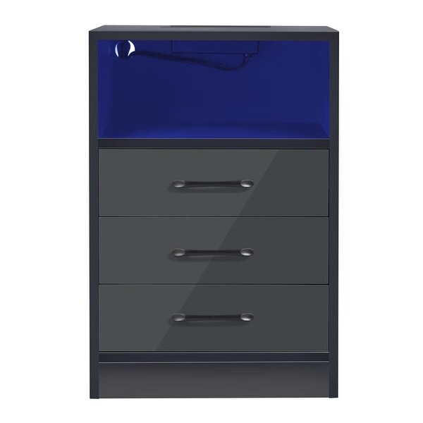 Merax 3-Drawer Nightstand with USB Charging Ports， Wireless Charging， Remote Control LED Light - - 36394235