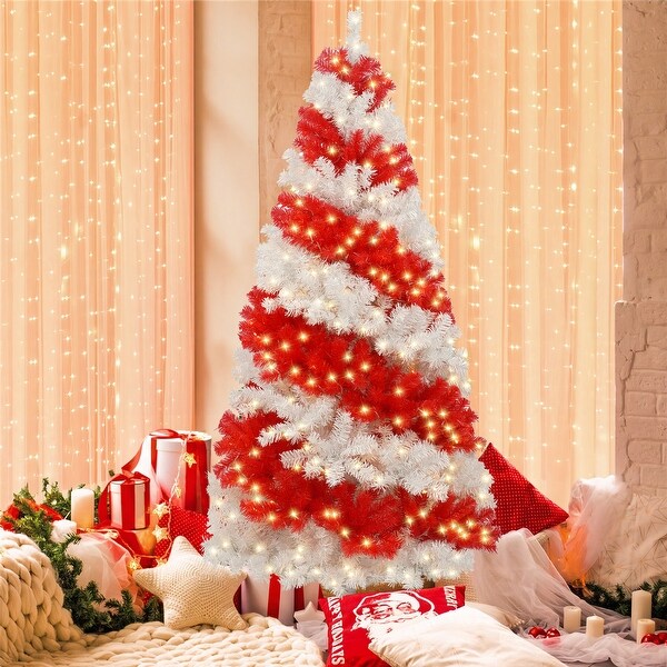 6ft Artificial Christmas Tree with 300 LED Lights and 900 Bendable Branches，Candy Cane Christmas Tree Holiday Decoration