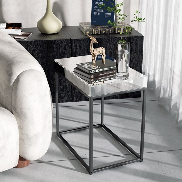 Rectangle End Table Tall Mirrored Side Accent Table with Metal Frame