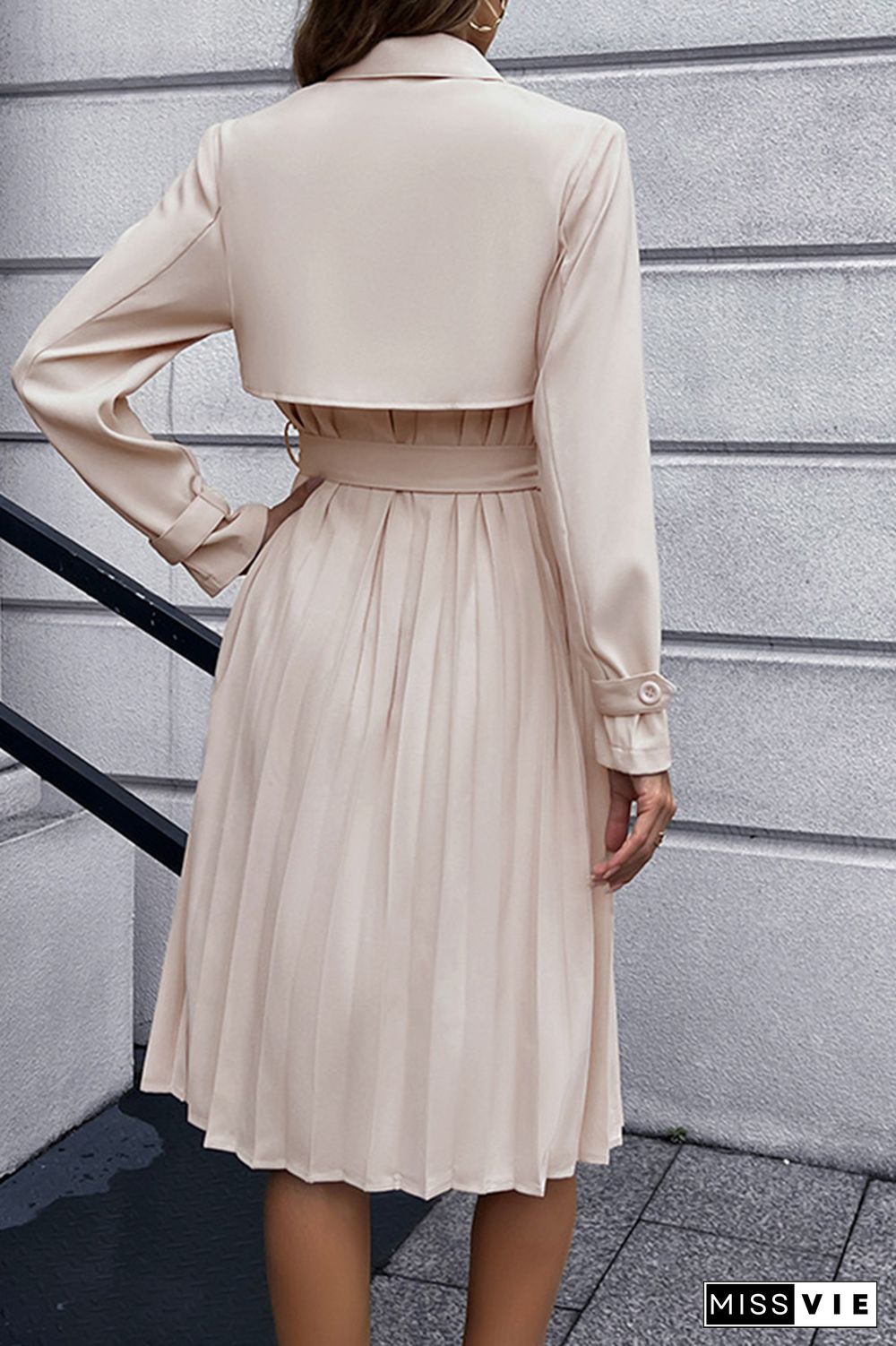 Plain Open Button Pleated Midi Dress