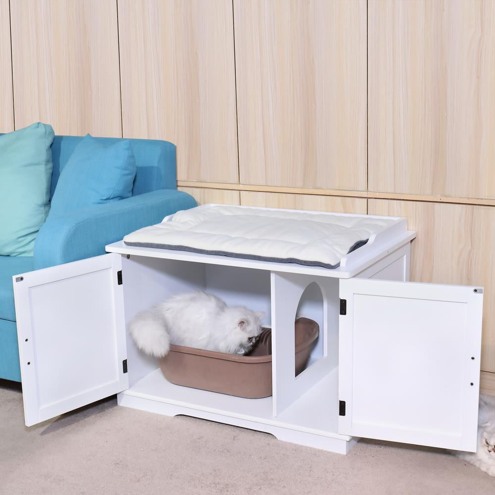 Ktaxon Double-Door Wooden Cat Litter Box Enclosure Cabinet， Indoor Hidden Pet Crate Cat House Bench Furniture，White