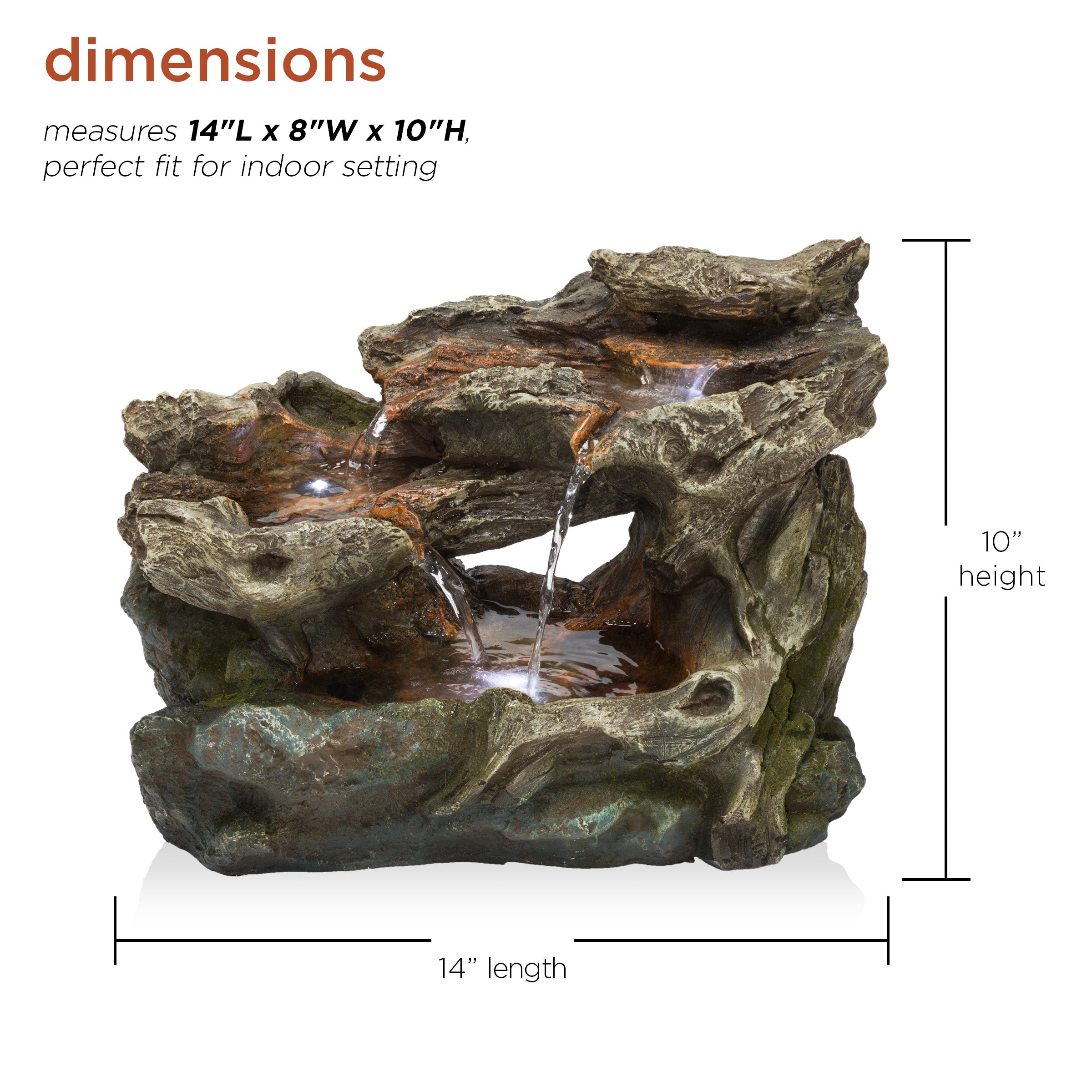 Alpine Corporation 3 Tier Rainforest Tabletop Fountain w/ LED Lights， 10 Inch Tall