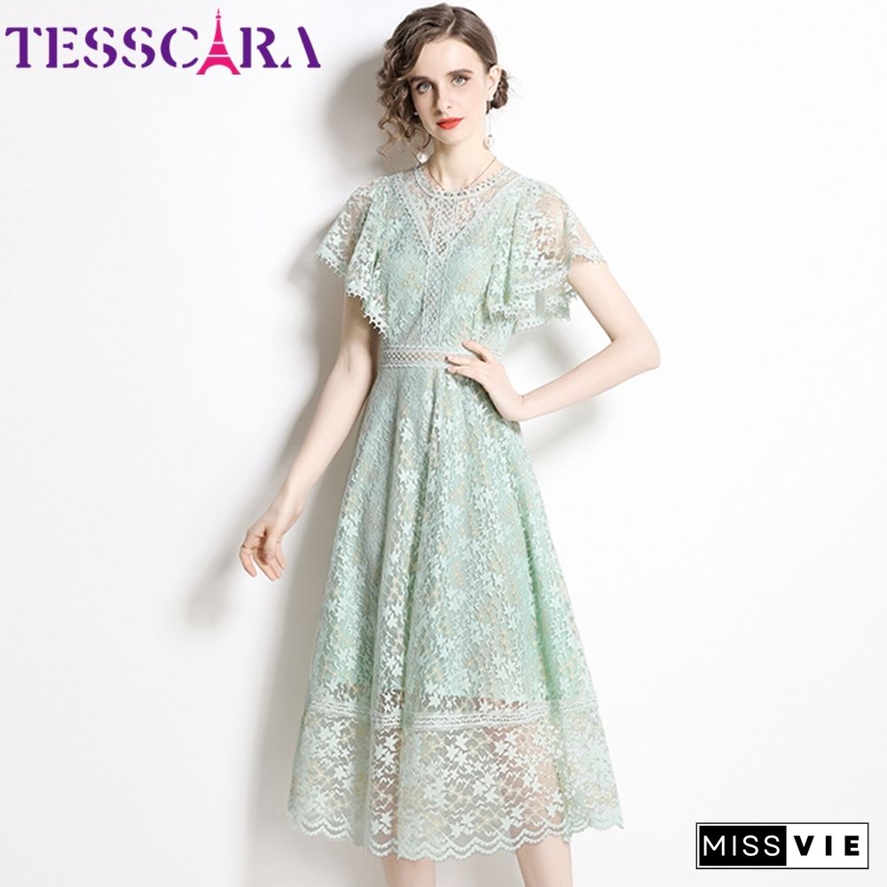 TESSCARA Women Summer Elegant Lace Dress Festa High Quality Long Wedding Cocktail Party Robe Vintage Designer A-Line Vestidos