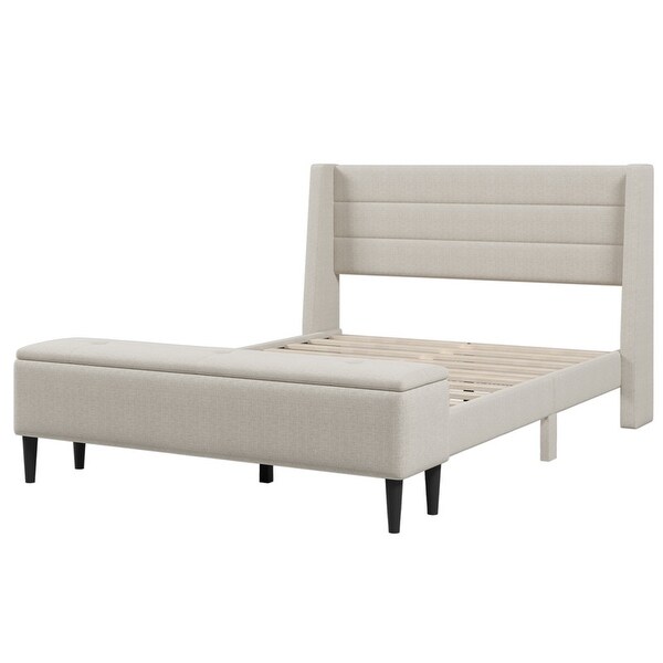 Beige Queen Upholstered Storage Bed with Storage Ottoman Bench and Two Nightstands - - 37893671