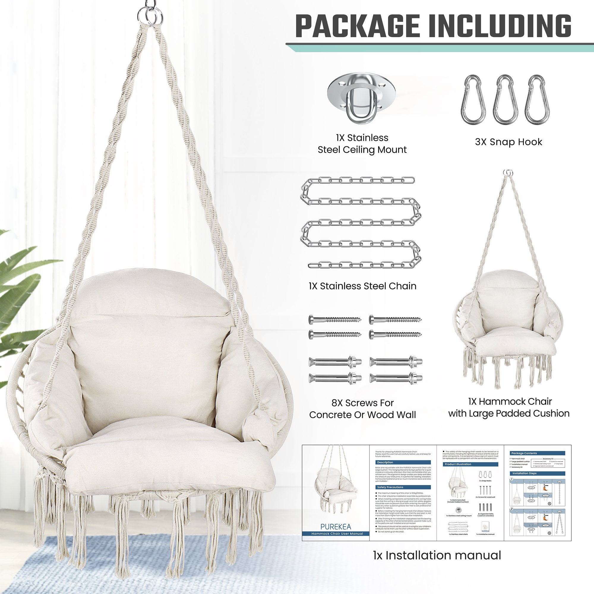 Hammock Chair, Macrame Hanging Swing Chair with Large Padded Cushion and Hardware Kits, Max 330 Lbs, Hanging Cotton Rope Chair for Indoor, Outdoor, Bedroom, Patio, Porch, Garden -Beige