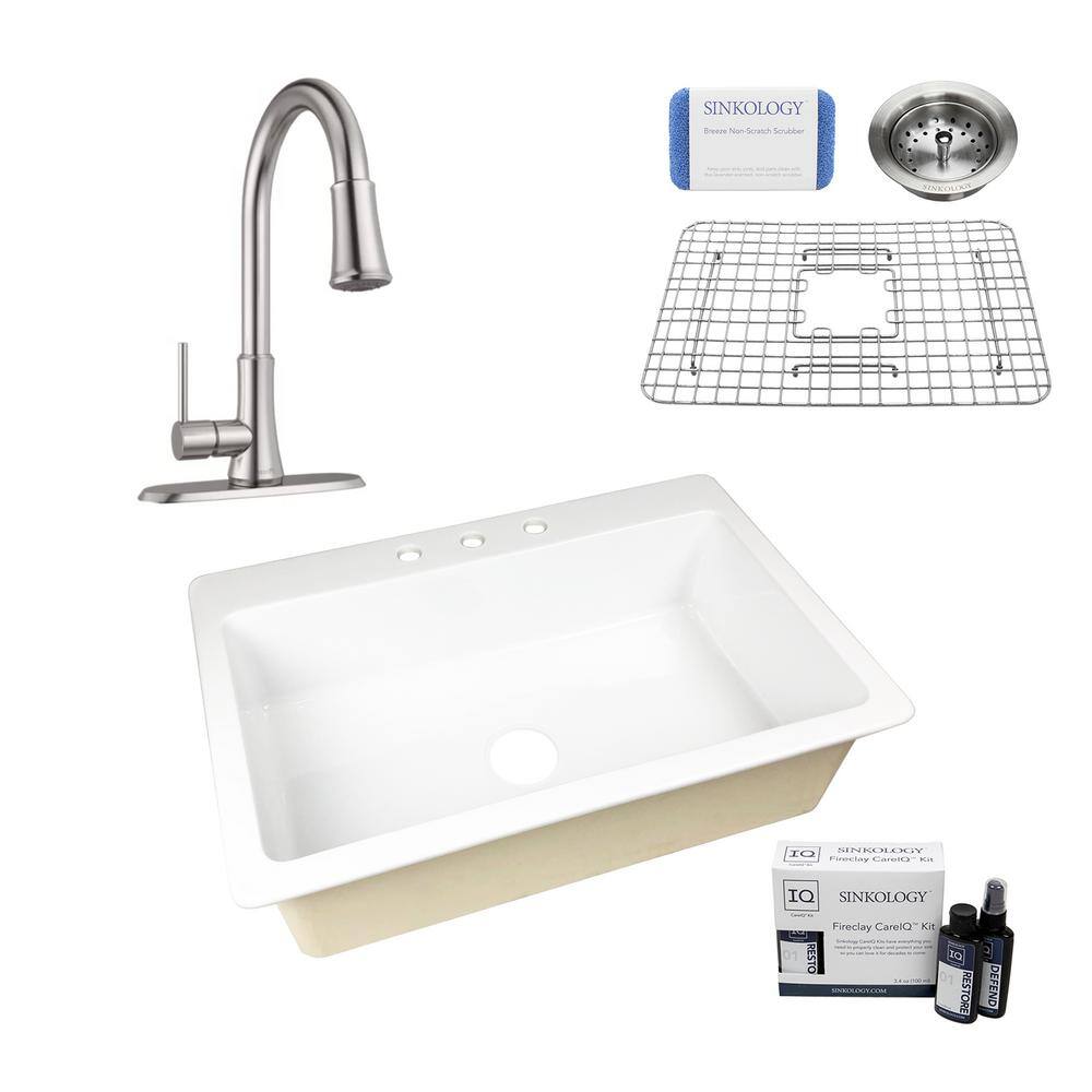 SINKOLOGY Jackson All-in-One Drop-In Fireclay 33 in. 3-Hole Single Bowl Kitchen Sink with Pfister Pfirst Faucet in Stainless SK411-33-PF1