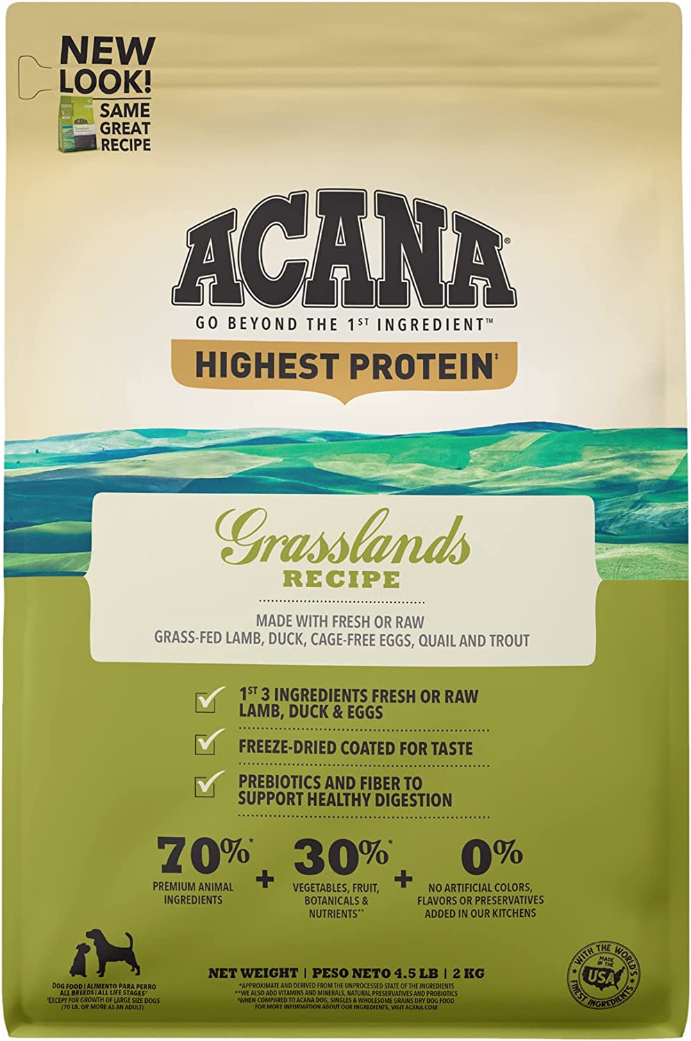 ACANA Highest Protein， Grasslands， Grain Free Dry Dog Food， 4.5lb