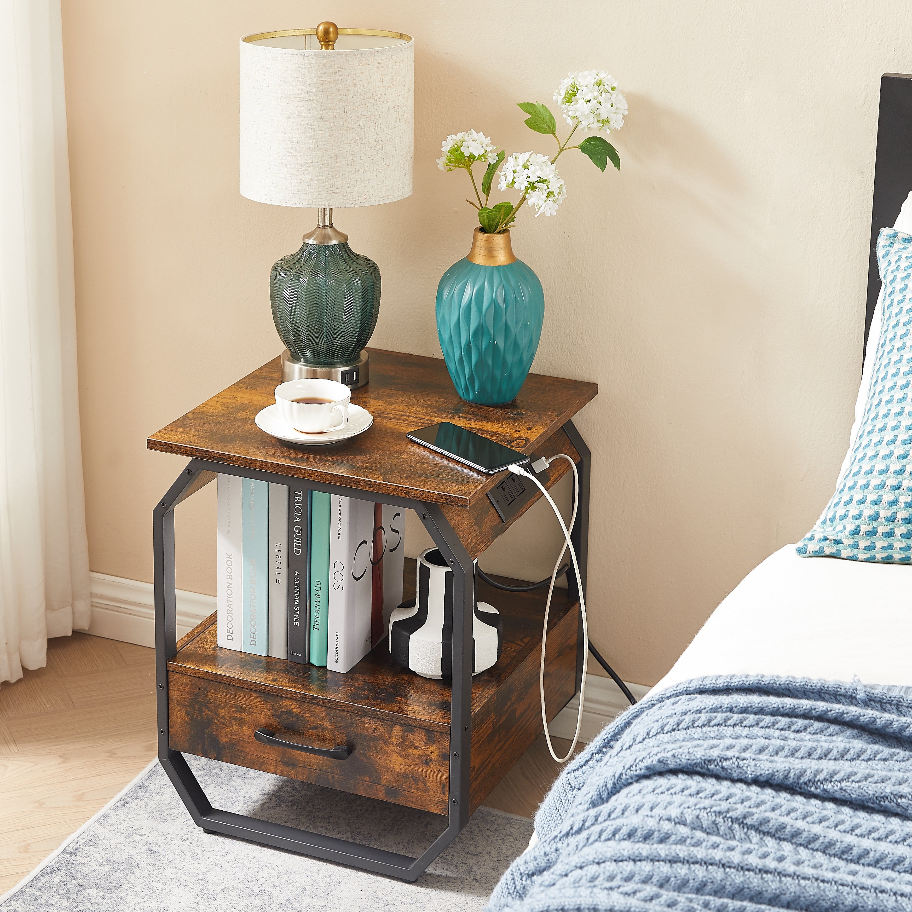 End table Side table with Charging Station，sofa side table with drawers， bedside table for bedroom.