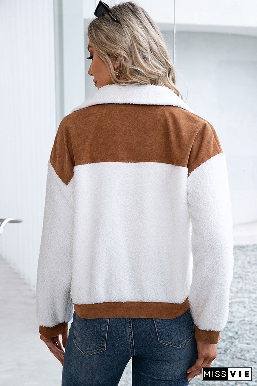 Brown Corduroy Splicing White Fleece Crop Jackets