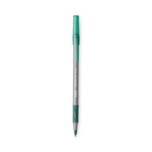 BIC Round Stic Grip Xtra Comfort Stick Ballpoint Pen， 1.2mm， Green Ink， Gray Barrel， Dozen (GSMG11GN)