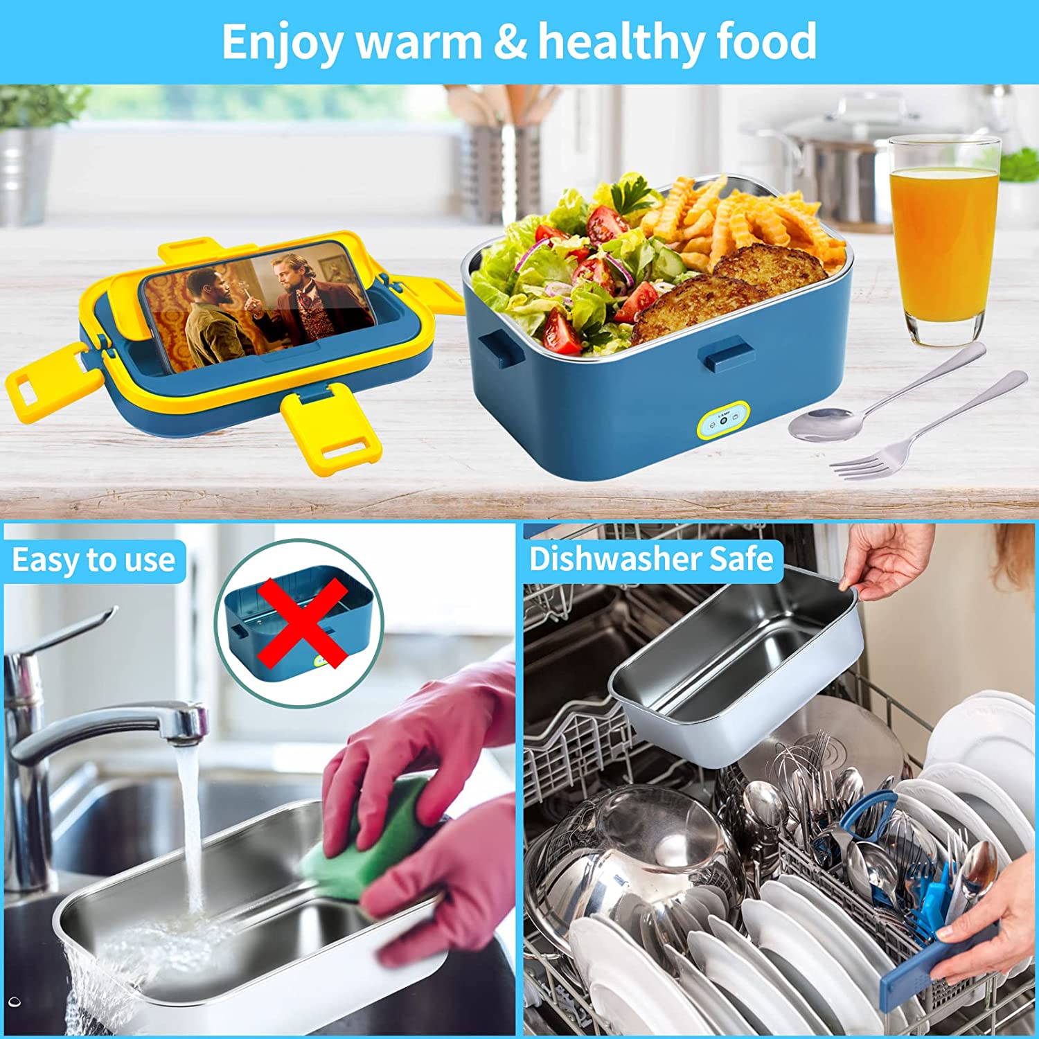 Electric Lunch Box 75W Food Heated 12V 24V 110V Portable Food Warmer Heater for Car/Truck/Home Self Heating Box with 1.8L 304 Stainless Steel Container 0.45L Compartment