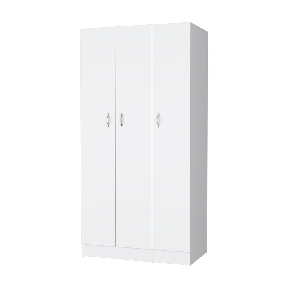 Declan White 3 Door Wardrobe Cabinet Armoire with Storage Shelves and Hanging Rod