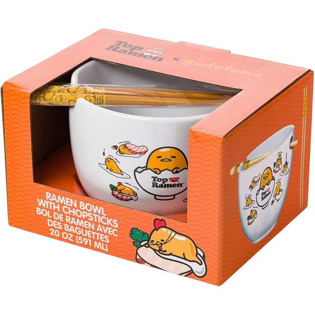 Silver Buffalo Sanrio Gudetama X Nissin Top Ramen Yolk Poses 20 ounce Ramen Bowl With Chopsticks