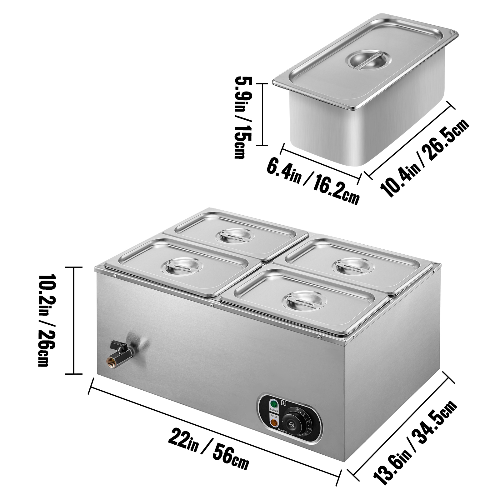 BENTISM 110V Commercial Food Warmer 4x1/4GN， 4-Pan Stainless Steel Bain Marie 24 Qt Capacity，1500W Steam Table 15cm/6inch Deep，Temp. Control 86-185℃， Electric Soup Warmer with Lids and 2 Ladles