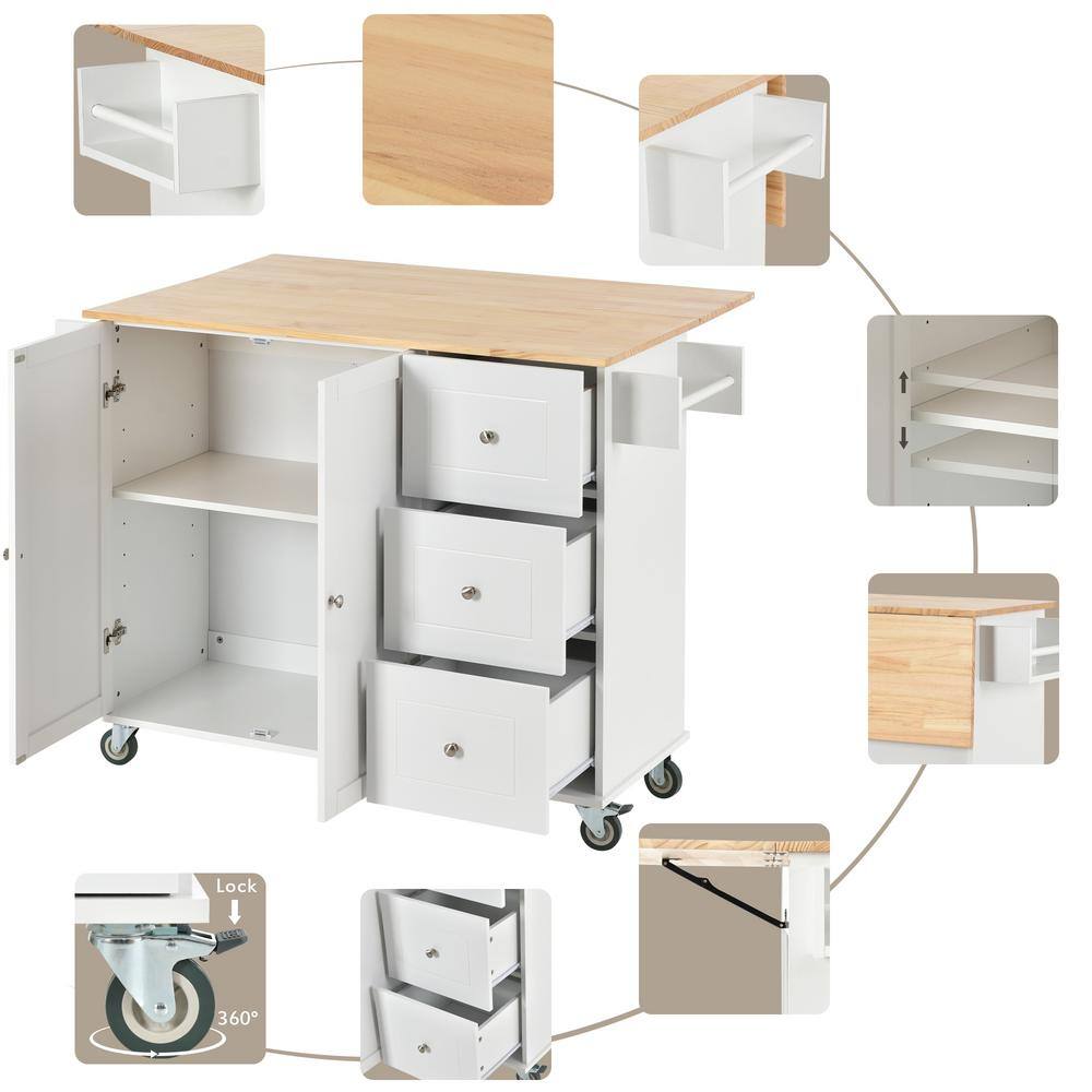 Tileon White Solid Wood Top 52.76 in. W Kitchen Island with Drop Leaf and Drawers Storage Cabinet with Locking Wheels WYHDRA074