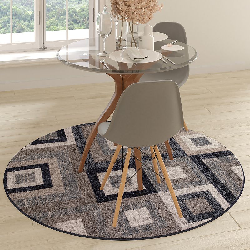 Masada Rugs Newton Collection Modern 5'x5' Round Accent Rug with Geometric Square Pattern in Blue， Gray and White