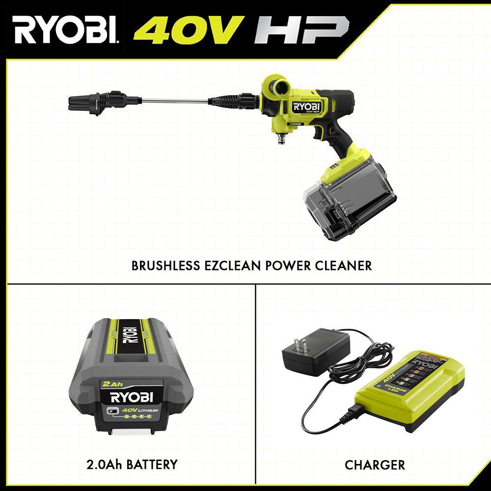 RYOBI 40V HP Brushless EZClean 600 PSI 0.7 GPM Cordless Battery Cold Water Power Cleaner with 2.0 Ah Battery and Charger RY124052K