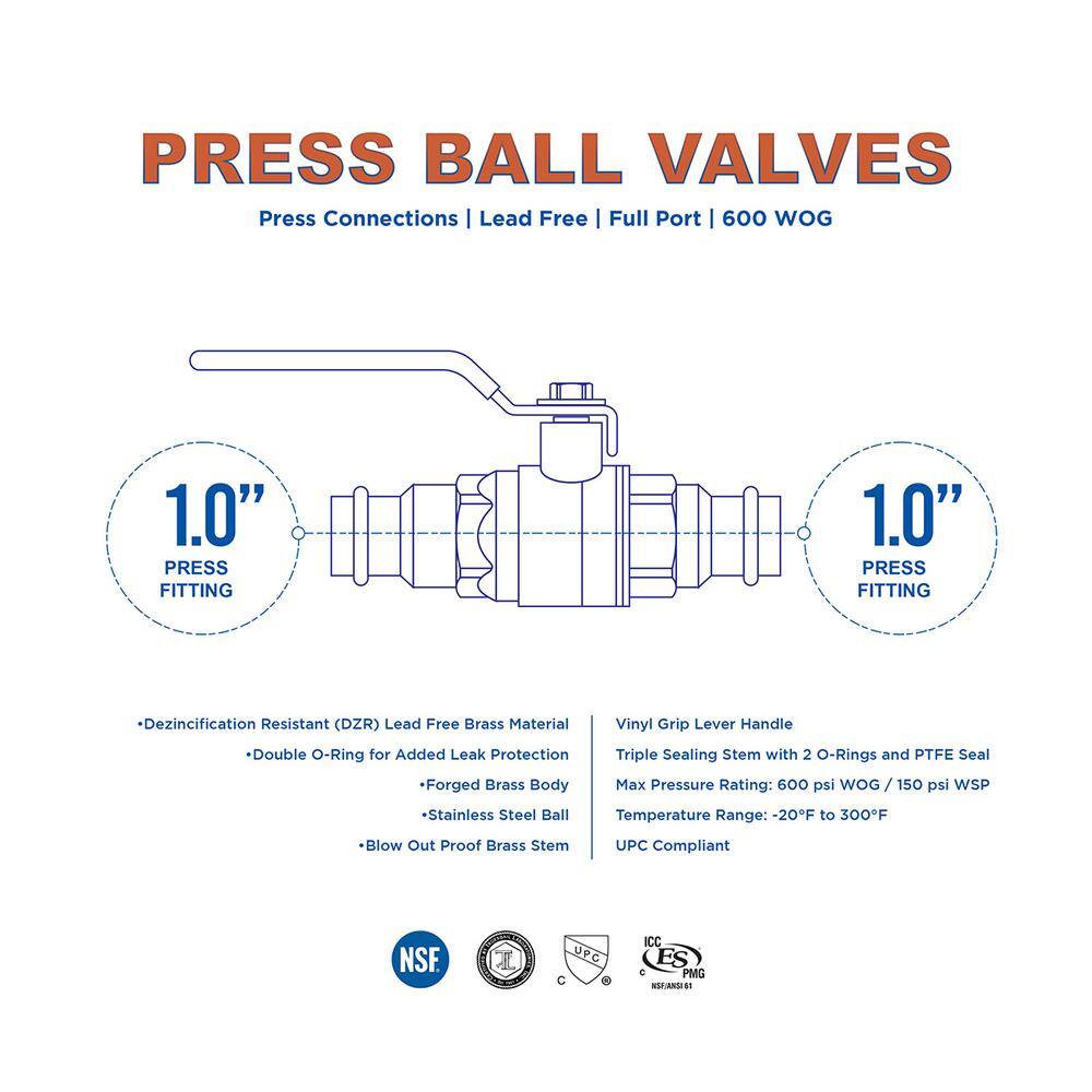 The Plumber's Choice 1 in. Brass Double-O-Ring Press Ball Valve VLV532001