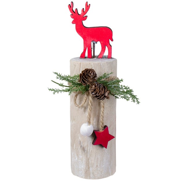 Red Reindeer On Wooden Log Tabletop Christmas Decoration