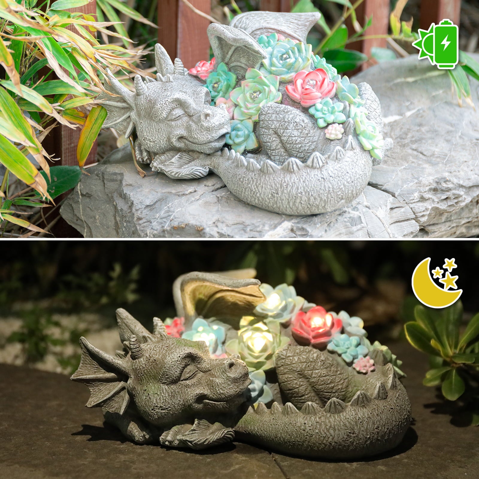 WONDER GARDEN Sleeping Dragon Statue with Solar LED Lights, 9.5" L Dragon Sculpture Outdoor Decor for Garden, Patio, Pawn