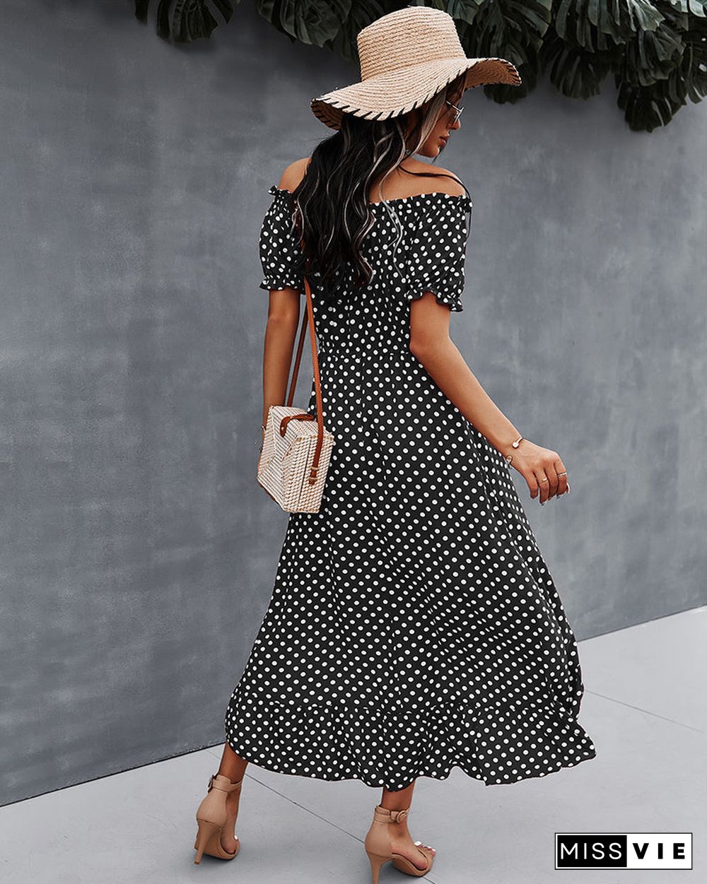 Off Shoulder Polka Dot Button Down Maxi Dress