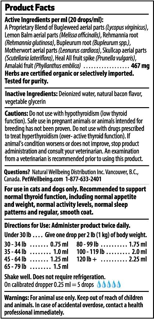 Pet Wellbeing Thyroid Support Gold Bacon Flavored Liquid Supplement for Dogs and Cats