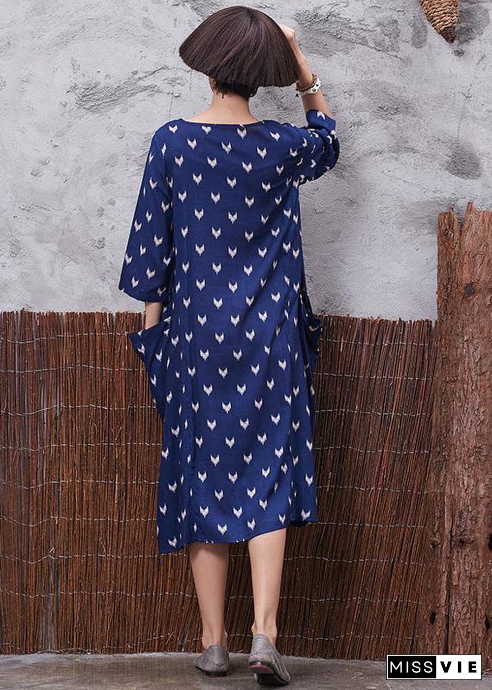 French blue prints v neck linen quilting clothes asymmetric tie cotton robes summer Dresses