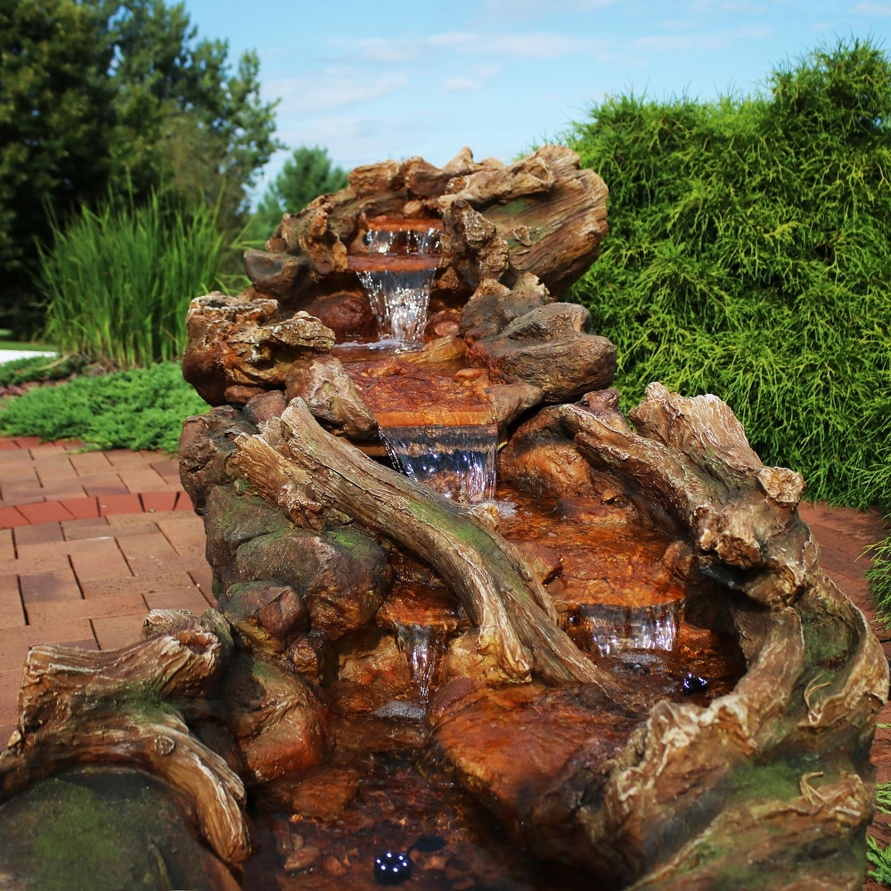 Sunnydaze Flowing Driftwood Falls Outdoor Garden Water Fountain with LED Lights