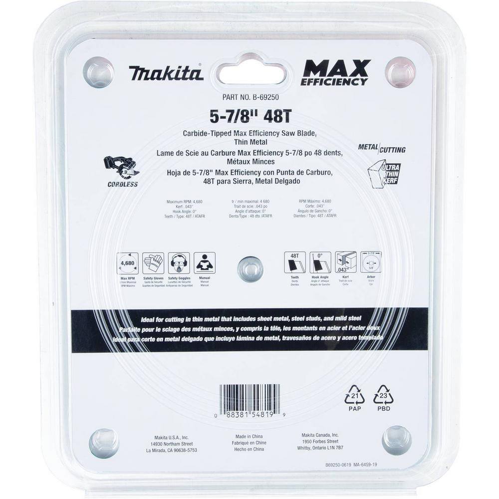 Makita 5-78 in. 48T Carbide-Tipped Max Efficiency Saw Blade Thin Metal B-69250