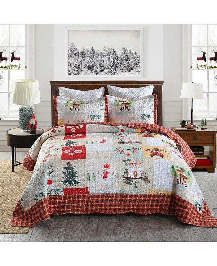 MarCielo 3 Piece Christmas Quilt Bedspread Set B022 - Queen