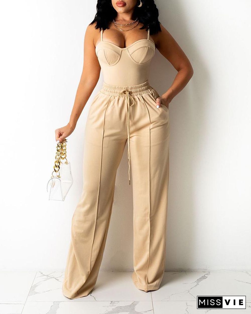 Zipper Back Cami Top & Wide Legs Contrast Pipping Pants Set