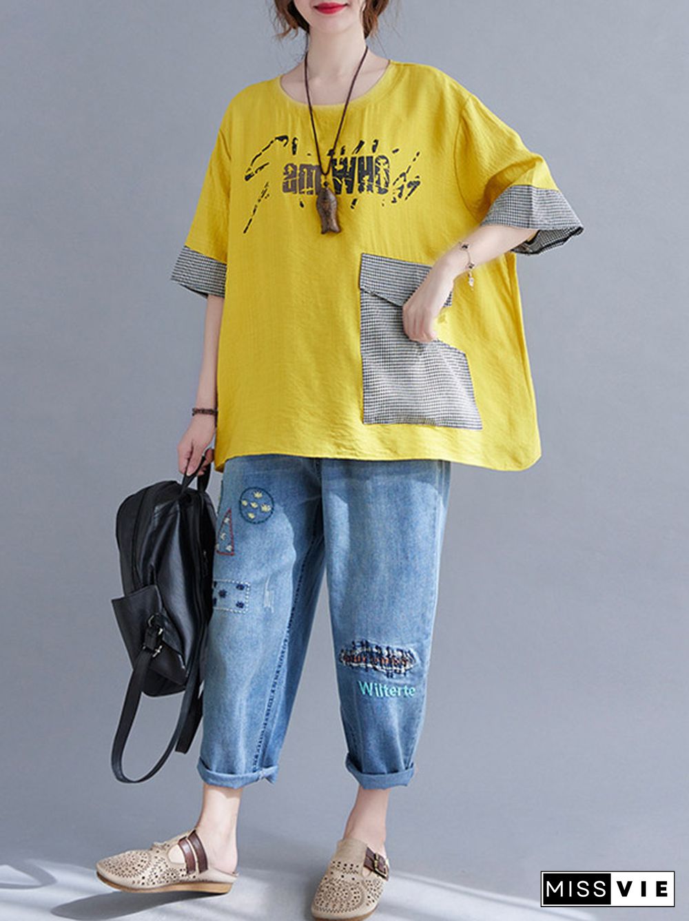 Original Letter Print Split-Joint Round-Neck T-Shirts Tops