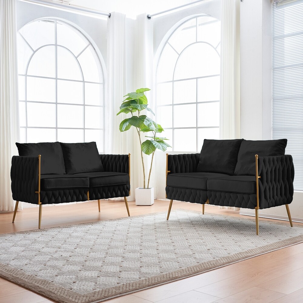 2pcs Loveseat Sofa Sets  Living Room Woven Double Chair Sofa Velvet Accent Armchair Loveseat with Thick Back  Metal Legs