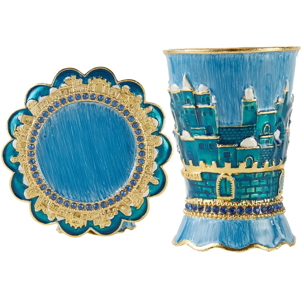 Matashi Hand Painted Enamel 3.3'' Tall Kiddush Cup Set w/ Tray Embellished w/ High Quality Crystals   Jerusalem Cityscape Design