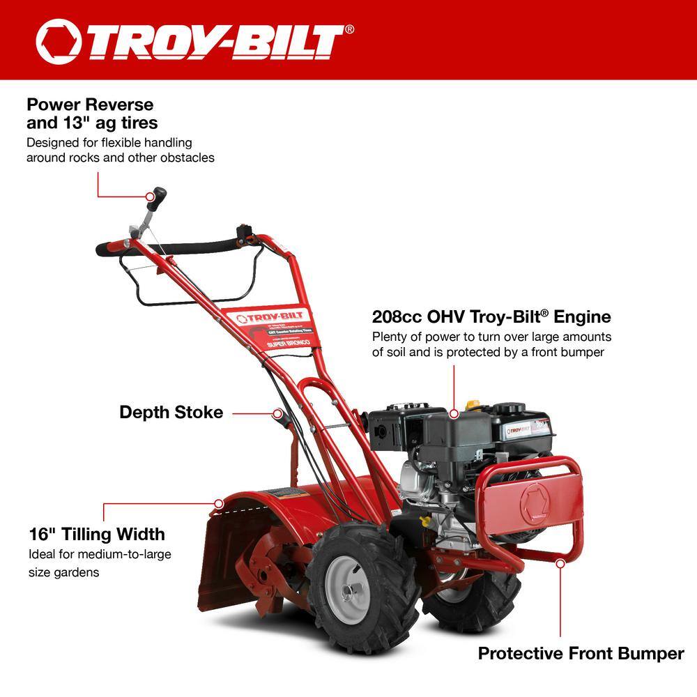 Troy-Bilt Super Bronco 16 in. 208 cc OHV Engine Rear Tine Counter Rotating Gas Garden Tiller with Power Reverse Super Bronco CRT